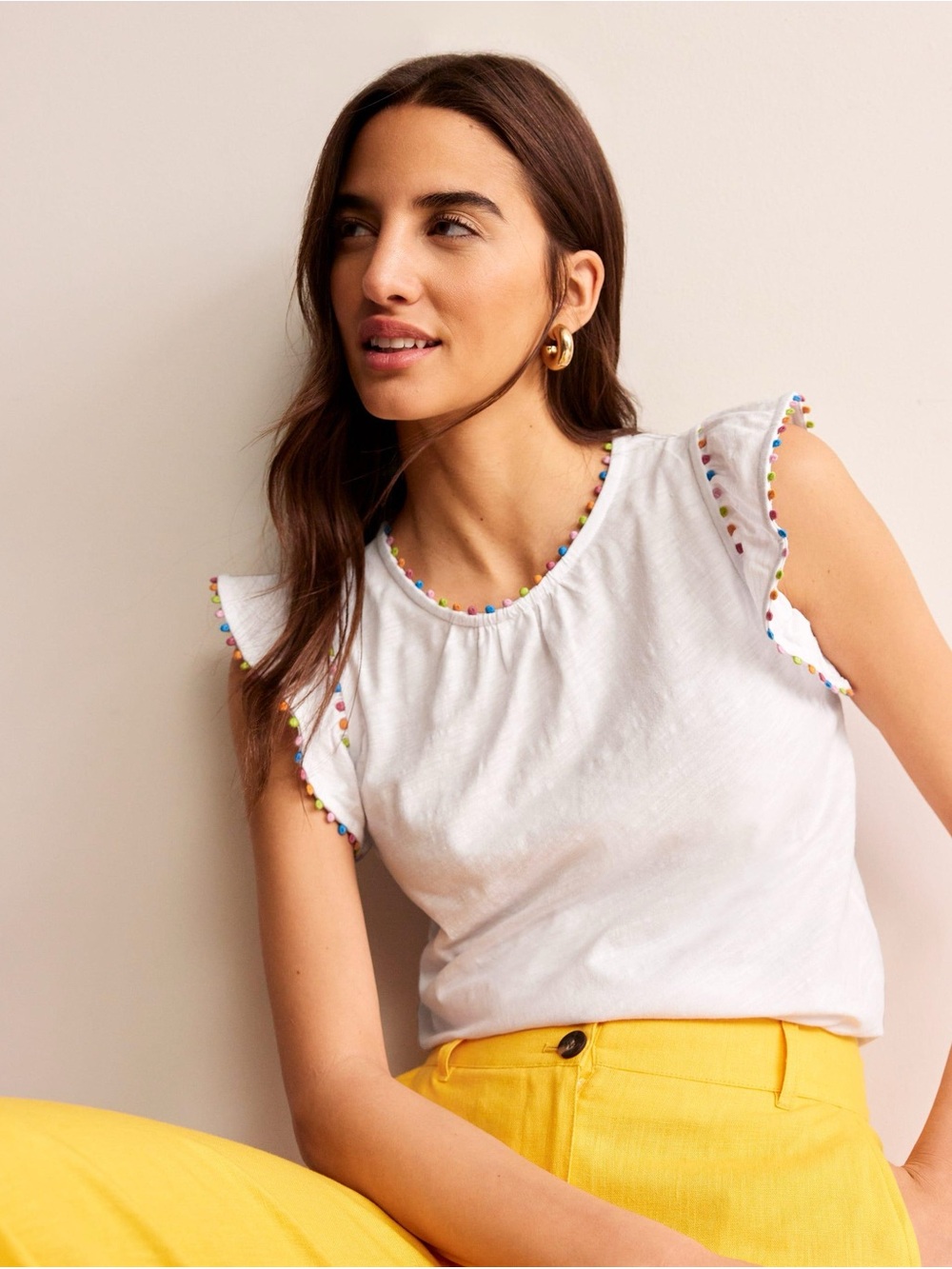 NWT Boden White Tank with Multicolor Pom Trim